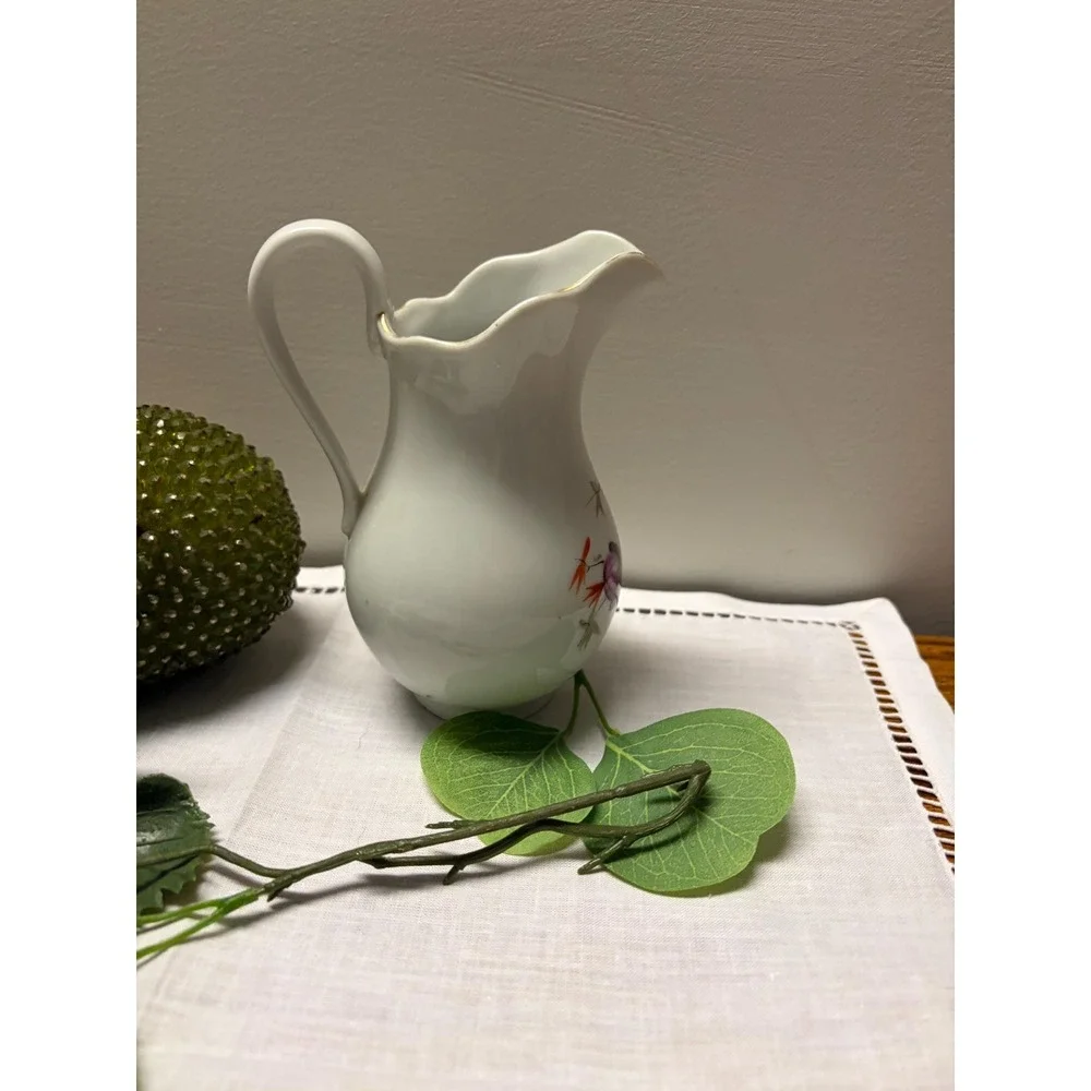 Vintage Porcelain Floral Creamer Pitcher | Scalloped Edge‎ with Gold Trim